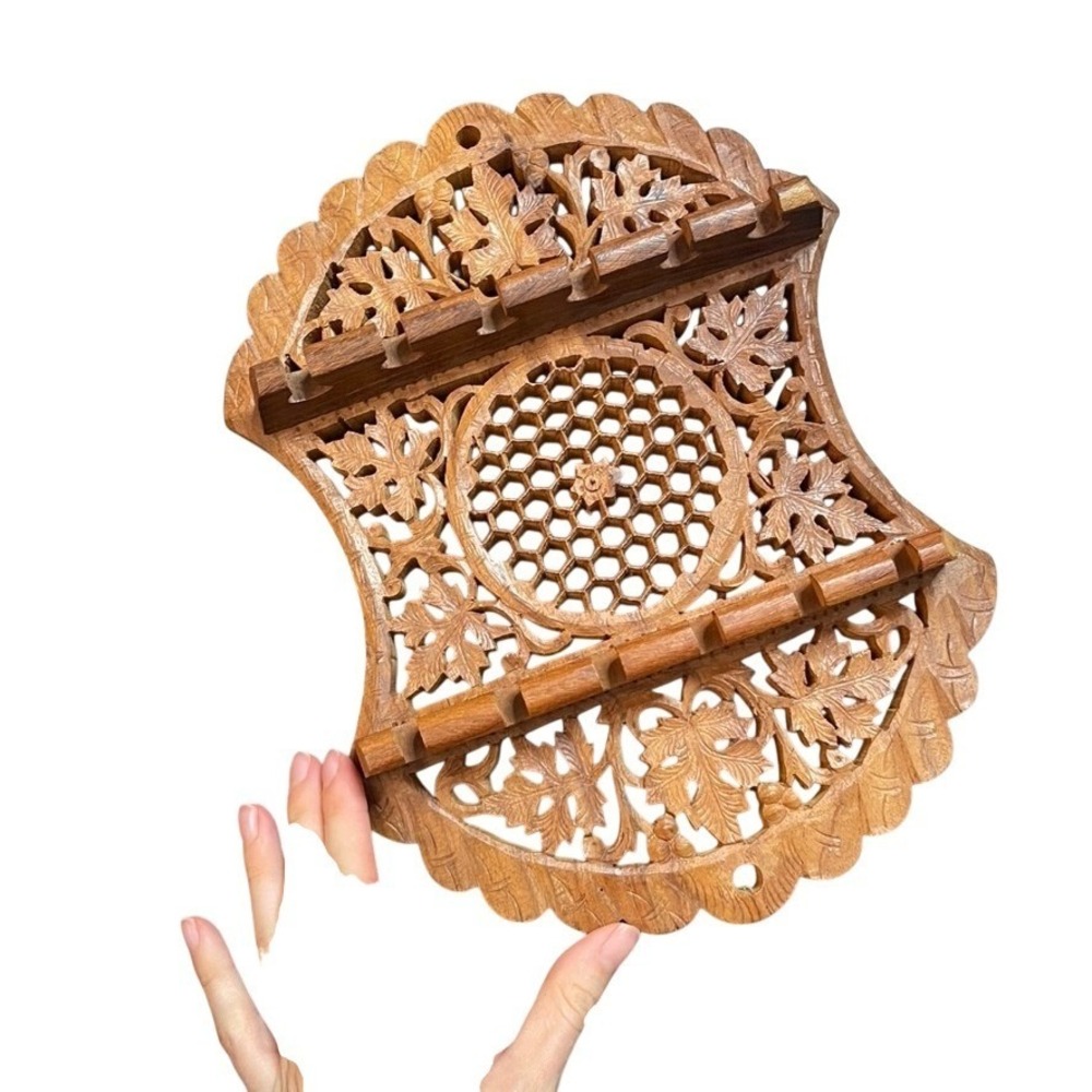 Vintage Hand Carved Wood Spoon Collection Display India Floral Honeycomb Brown
